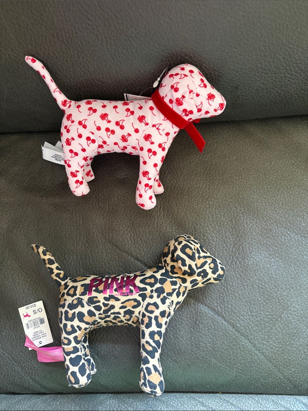 Victoria secret PINK set of two stuffed animal dogs in leopard and cherry - Picture 4 of 5